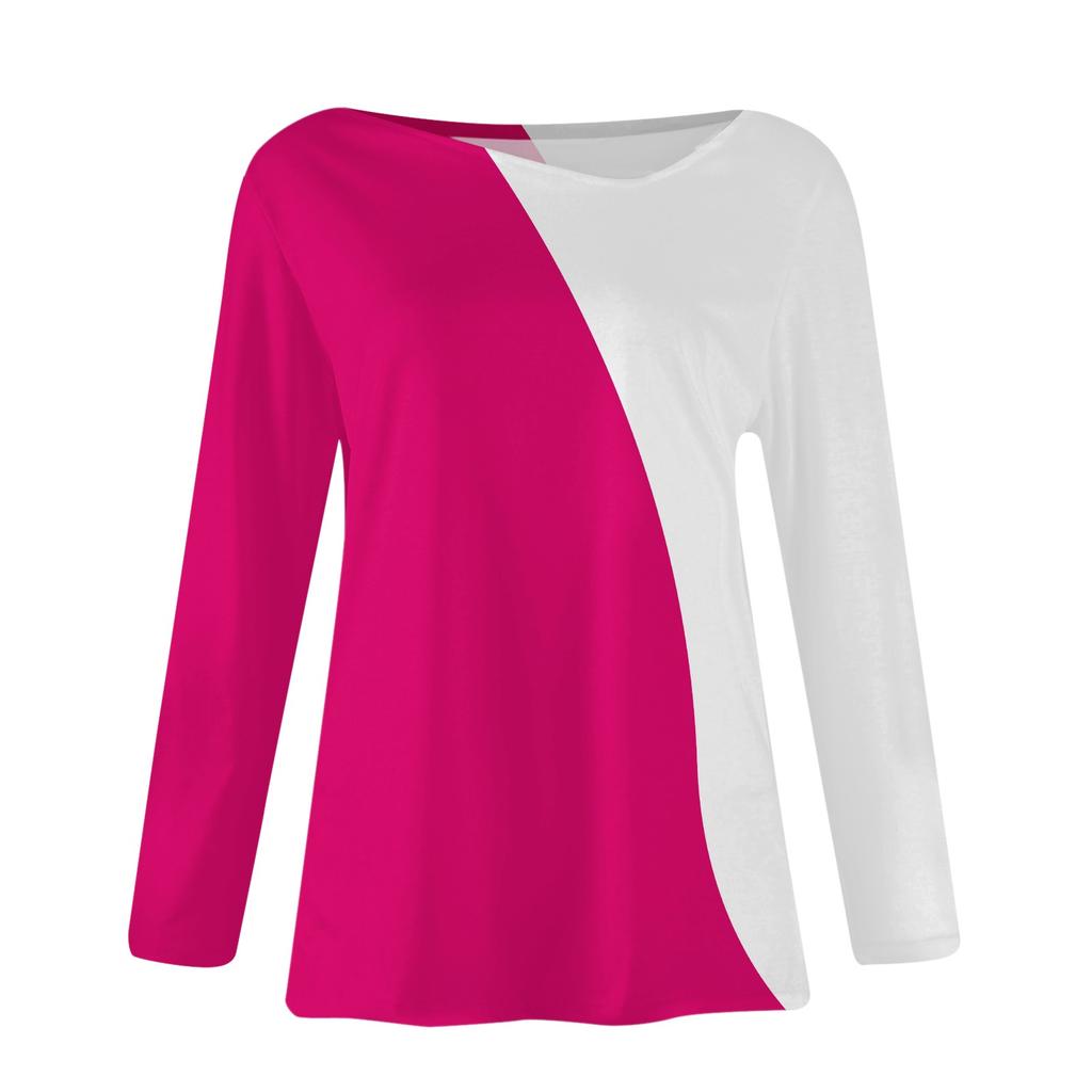 Women's Fashion Casual Slant Neck Irregular Color Block Splicing Print Long Sleeve T-shirt Top