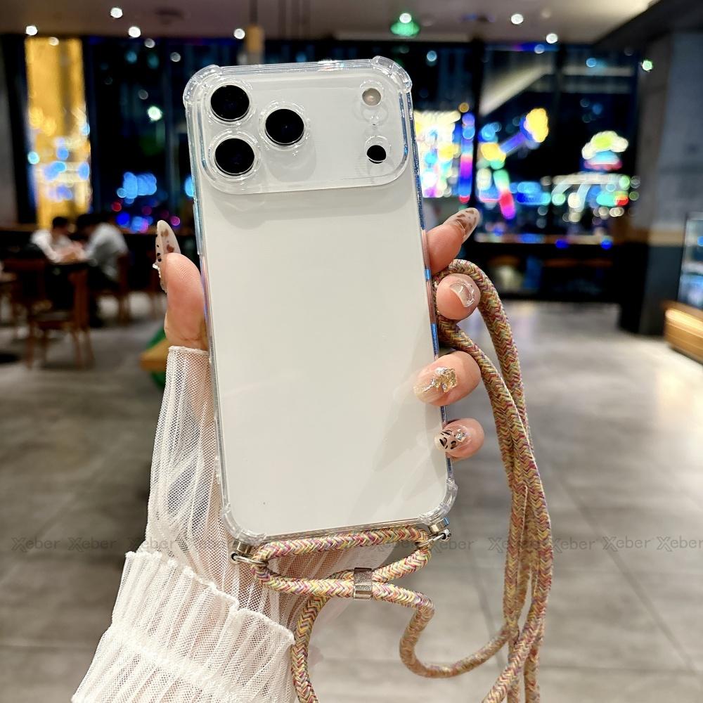 Shockproof Clear Soft Bumper Case For For Iphone 17 16 1 14 Pro Max Plus Crossbody Lanyard Necklace Strap Cord Nylon Rope Cover