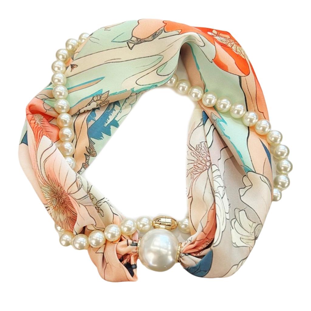 Magnetic Clasp Pearls Chain Necklace Floral Satins Scarf Elegant Silk Skinny Narrow Neckerchief for Fashionable Women