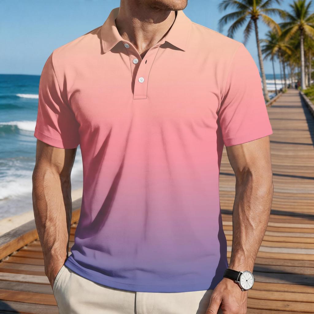 Men’s Loose Fit Casual Gradient Print Short Sleeve Polo Shirt with Turn Down Collar Soft Comfortable Fabric