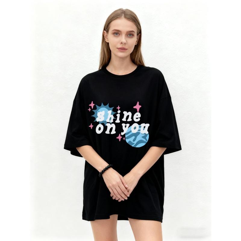 Oversized T Shirt Black Shine On You Graphic Print With Stars And Planets Casual Wear For Women