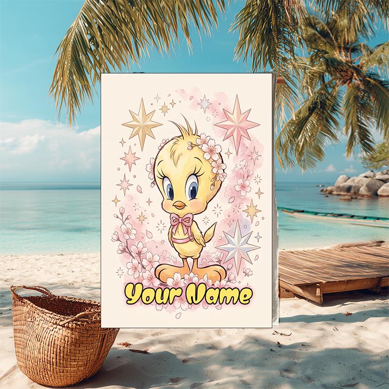 1PC Custom Name Tweety Bird Stars Theme Beach Towel Highly Absorbent And Sand-Resistant Towel for Swimming, Pool, Yoga, And Travel Lightweight