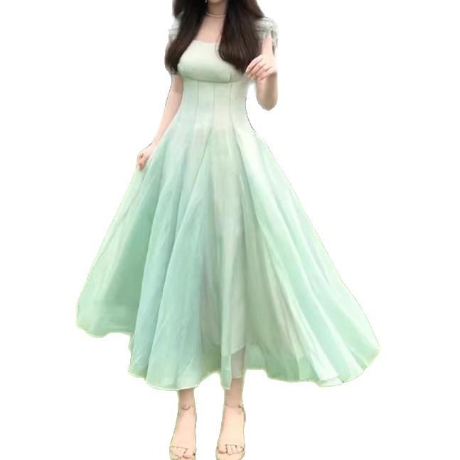 Romantic Mori French long dress waist holiday thin gradual change gentle dress fairy mint new temperament skirt