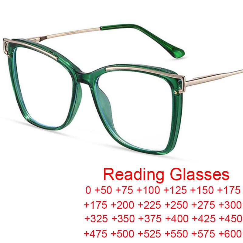 Clear Green Presbyopia Glasses Anti Blue Light  Spring Hinge Luxury Women'S Eyeglasses Oversized Square Reading Glasses