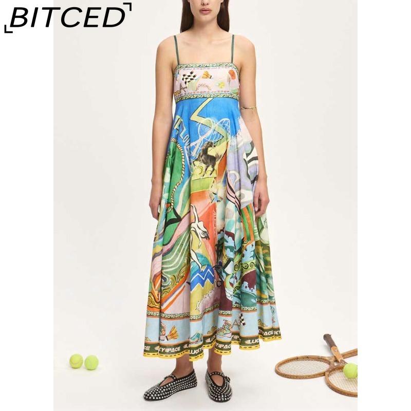 BITCED Spring/Summer Casual Maxi Dress for Women Spaghetti Strap Printed Linen 9 Colors Full-Skirted Dress