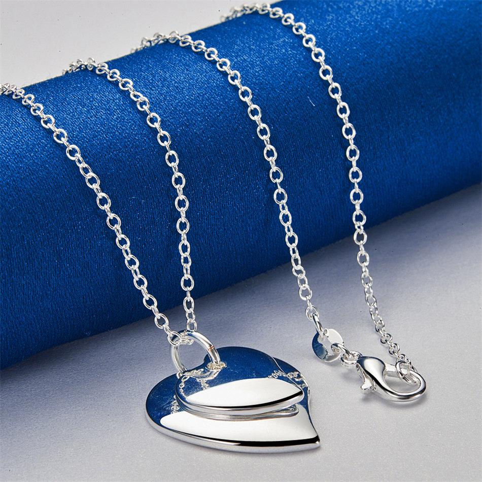 925 Sterling Silver 16-30 Inch Glossy Double Layered Heart-shaped Pendant Necklace for Women's Fashion Wedding Accessories