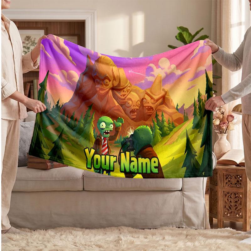 Plants vs. Zombie Personalized Flannel Blanket, Custom Printed Text Name, Warm Soft Blanket For Couch Bed