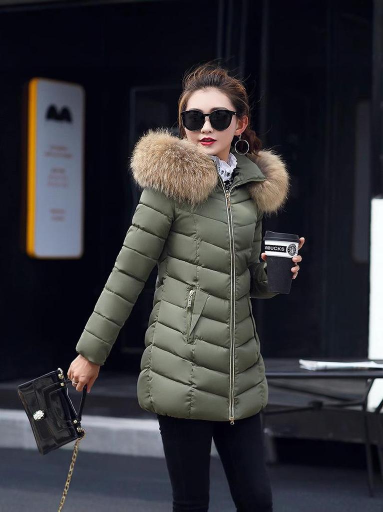 2026 Winter Women's Mid-Length Thickened Slim Fit Fur Collar Cotton Jacket