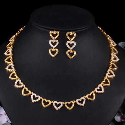 Zircon Jewelry Set Electroplated Real Gold Bridal Wedding Dress Set Chain, Heart Necklace Earrings Two-Piece Set
