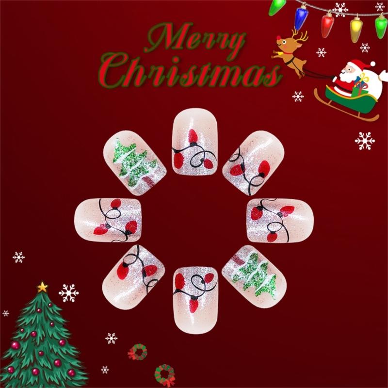24 Pcs Christmas Press On Nails Short Square Full Cover False Nails Christmas Tree Artificial Nails Manicures Supplies