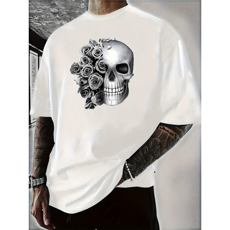 European Sizes Men'S Gothic Rose & Skull Print Oversized T-Shirt - Loose Fit Round Neck Short Sleeve,  Machine Washable Comfort, Gothic Statement Top