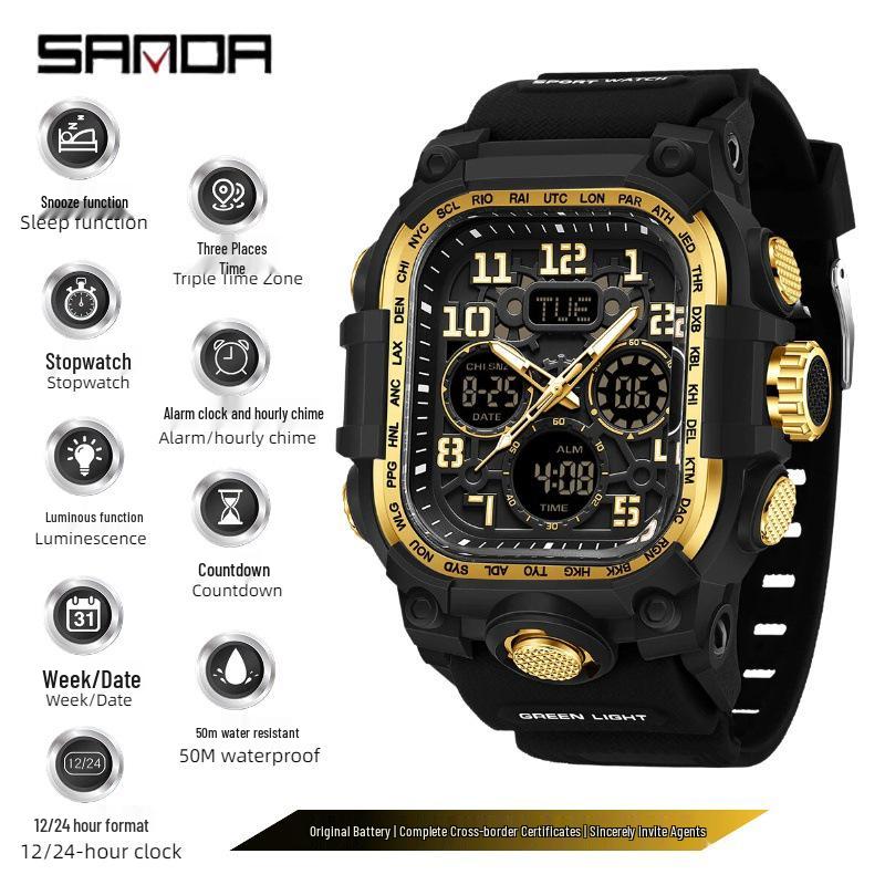 Sanda Men's Trendy Waterproof Multi-Functional Electronic Watches with Three-Time Zones for Casual Use