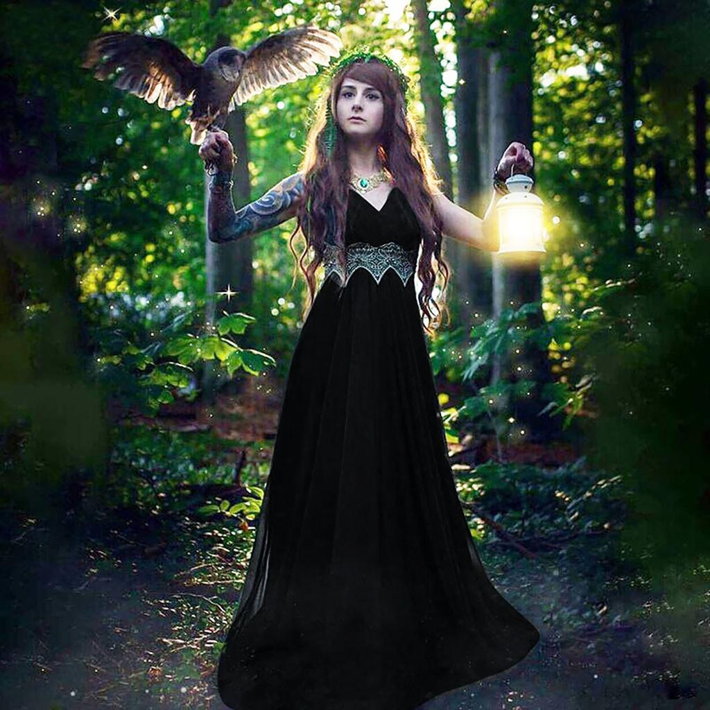 Women  Retro Literature Gothic Lace Floor Length Cosplay Retro Long Dress