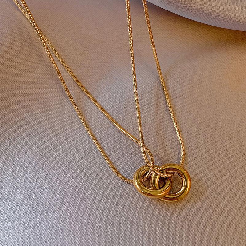 Stainless Steel Double Circle Rings Pendant Necklace For Women Gold Color Neck Chain Punk Hip-Hop