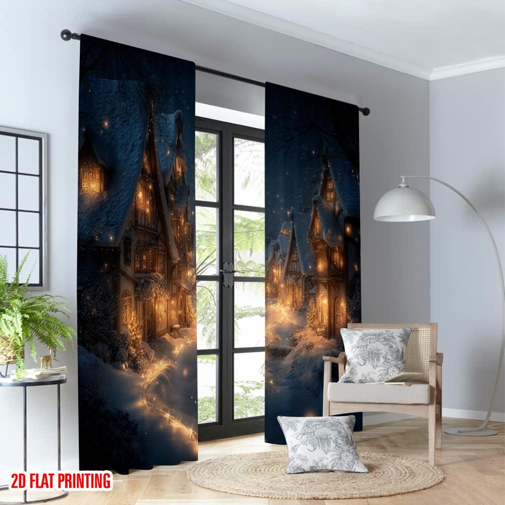 2pcs 2D Flat Printing Christmas Scene Curtains Cozy Winter Village Evening Scene Digital Printed Polyester Drapes Birthday Party