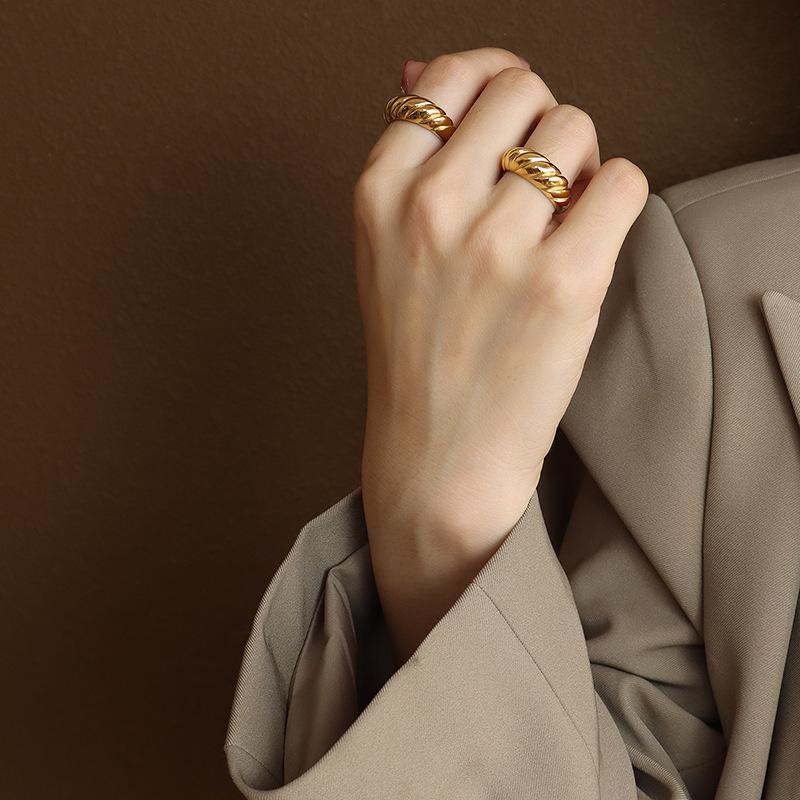Geometric European-American Retro Ribbed Wave 18K Gold Titanium Steel Pinky Ring, A157 Size 7