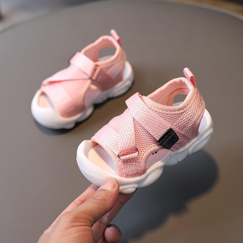 Small kids sandals solid color velcro Korean style children's beach shoes baby soft sole summer closed-toe non-slip