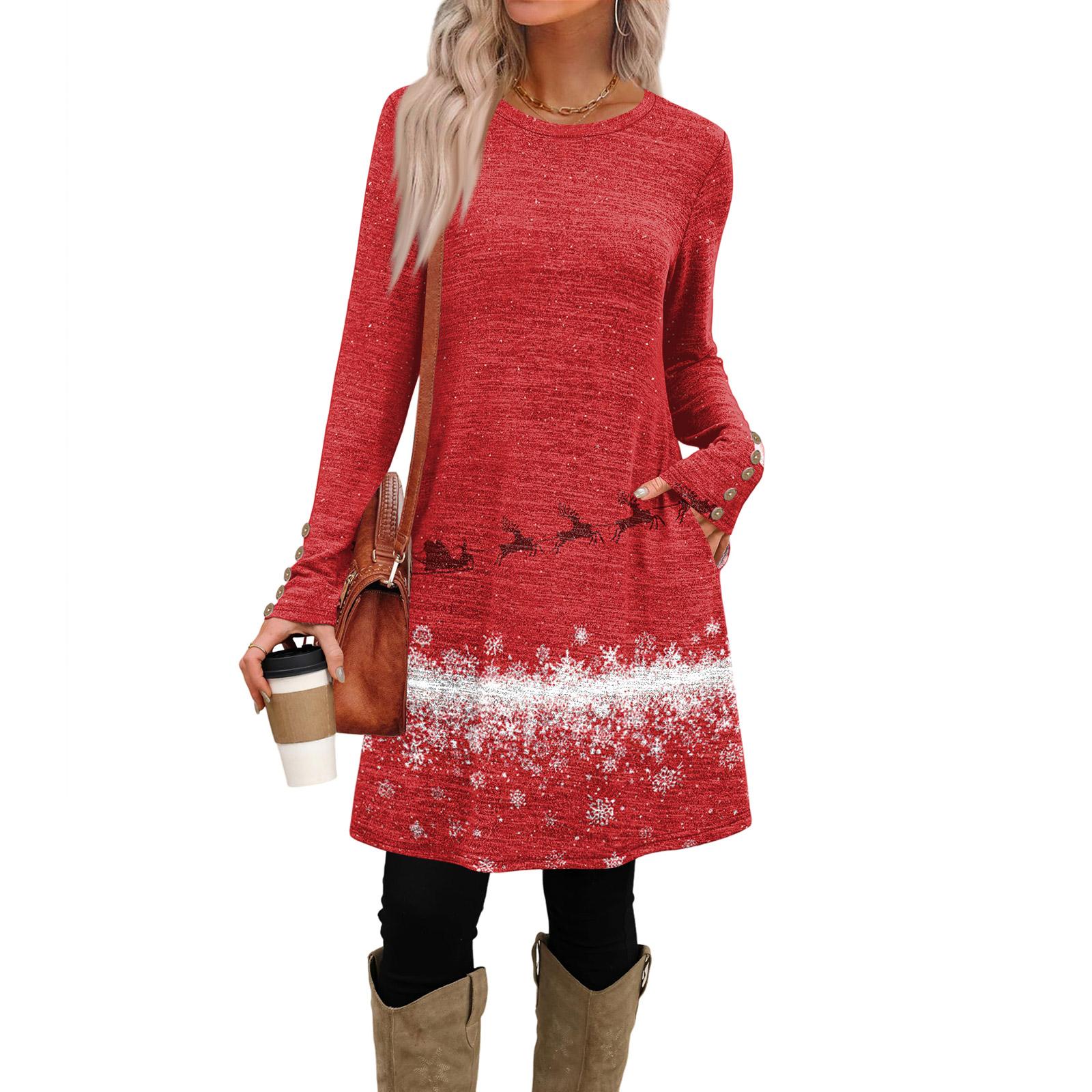 

Жіноча модна повсякденна сукня з кишенями, декоративними ґудзиками, різдвяними принтами, круглим вирізом горловини та довгими рукавами XXL винний