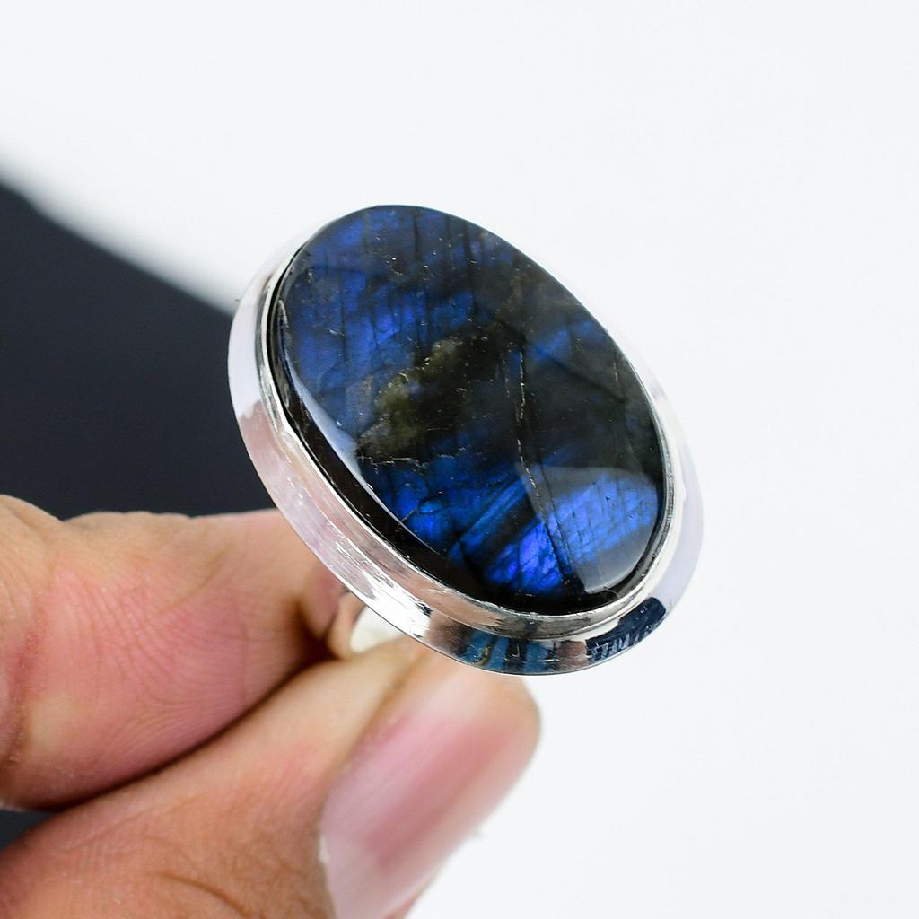 Natural Labradorite Adjustable 925 Sterling Silver Ring - Fits US Sizes 6 To 11 - Handmade Boho Jewelry for Women & Men, Gift For Mom