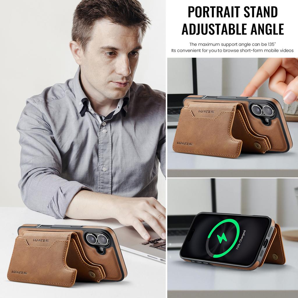 MAGKING K3 Series For iPhone 16 Plus Case Compatible with MagSafe Wallet PC+TPU+PU Phone Cover