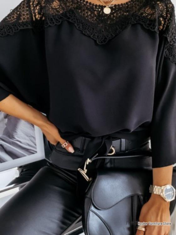 Spring & Autumn Lace Trim Long Sleeve Solid Color Commuter Top