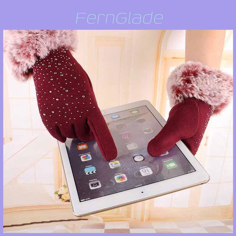 Luxurious Womens Fashion Winter Outdoor Sport Warm Fur Crystal Thick Finger Gloves Mittens