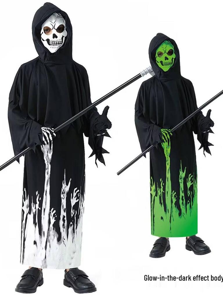 Children's Grim Reaper Ghost Costume: Luminous Dark Messenger Scythe Outfit for Halloween Cosplay