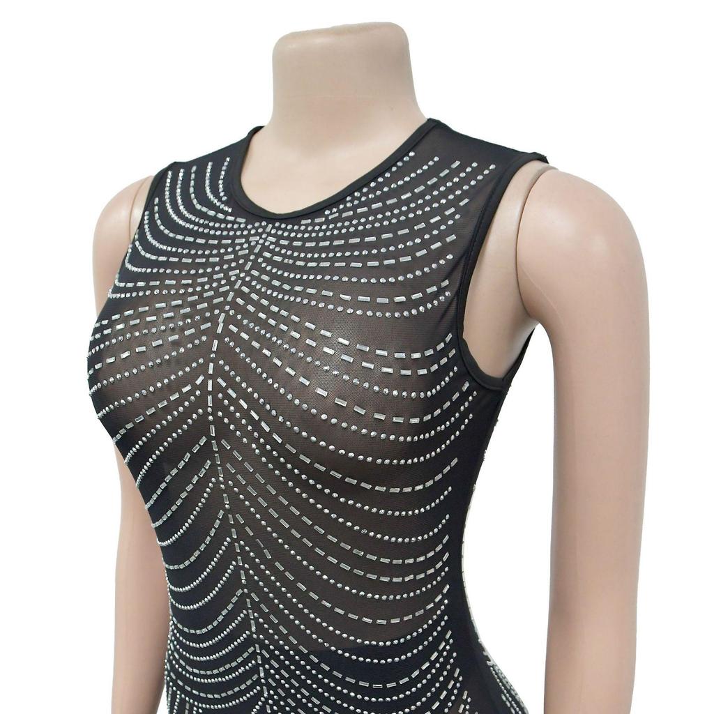 Damen Mode Einfarbige Netz-Ärmelloses Langes Kleid mit Heißbohr-Details