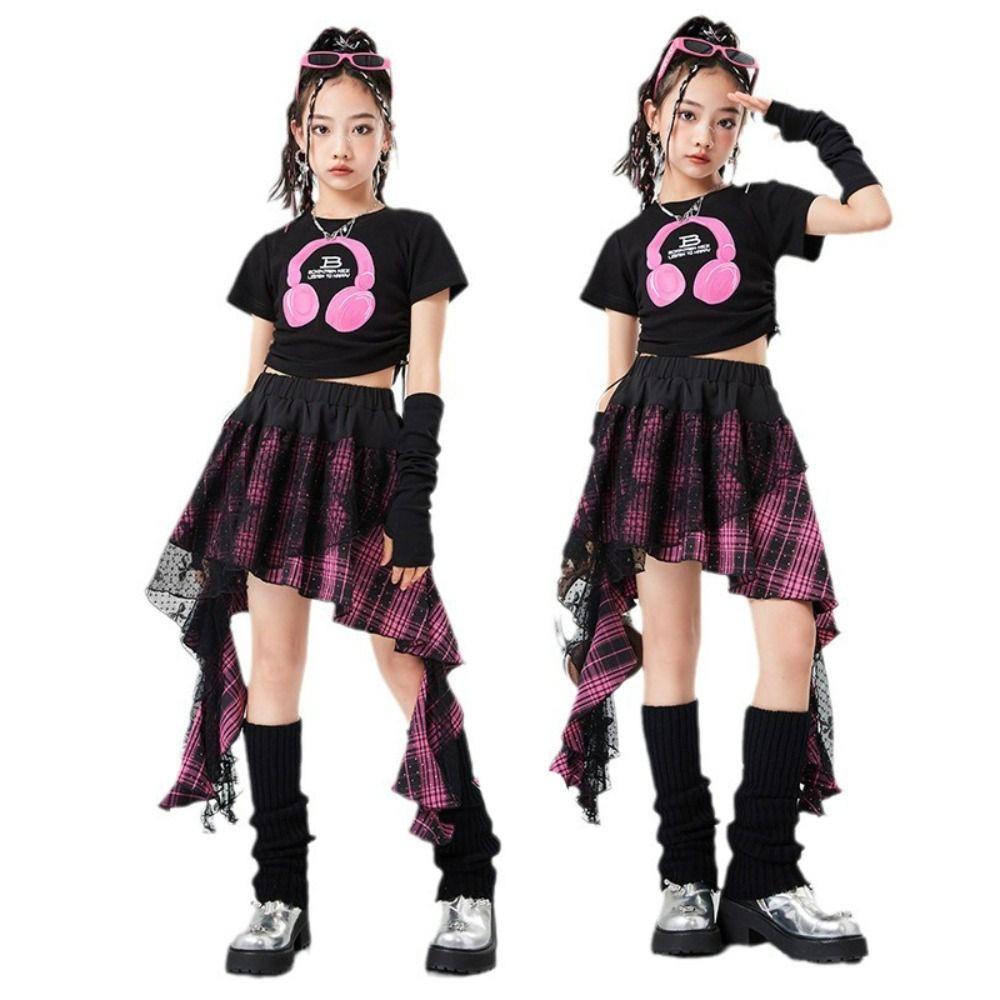 Jazz Children Dance Costume Streetwear T-shirt Plaid Skirt Set Fashion Y2k Outfits Suit  Stage