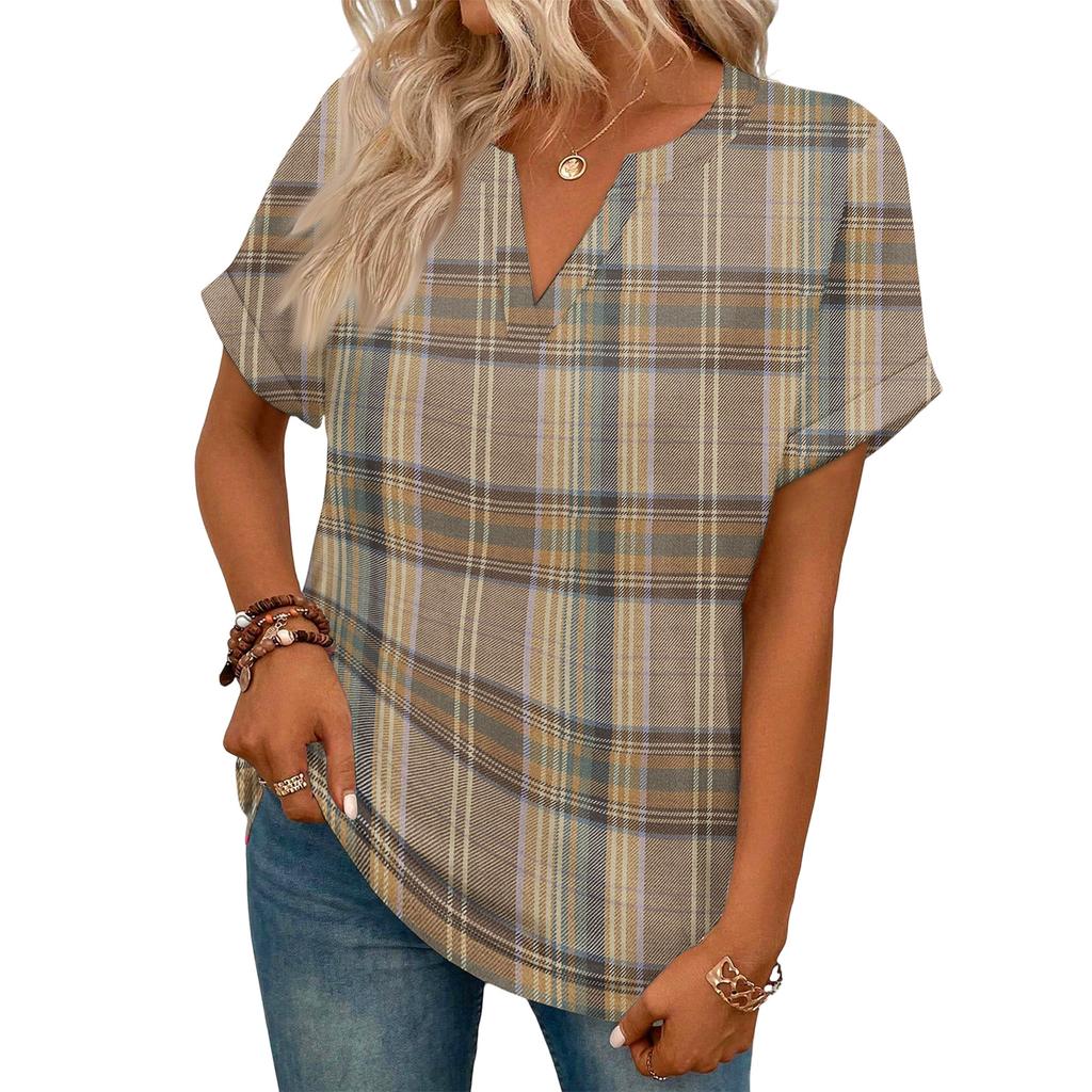 Stylish Women's Casual V-neck Short-sleeved Striped Plaid Print T-shirt