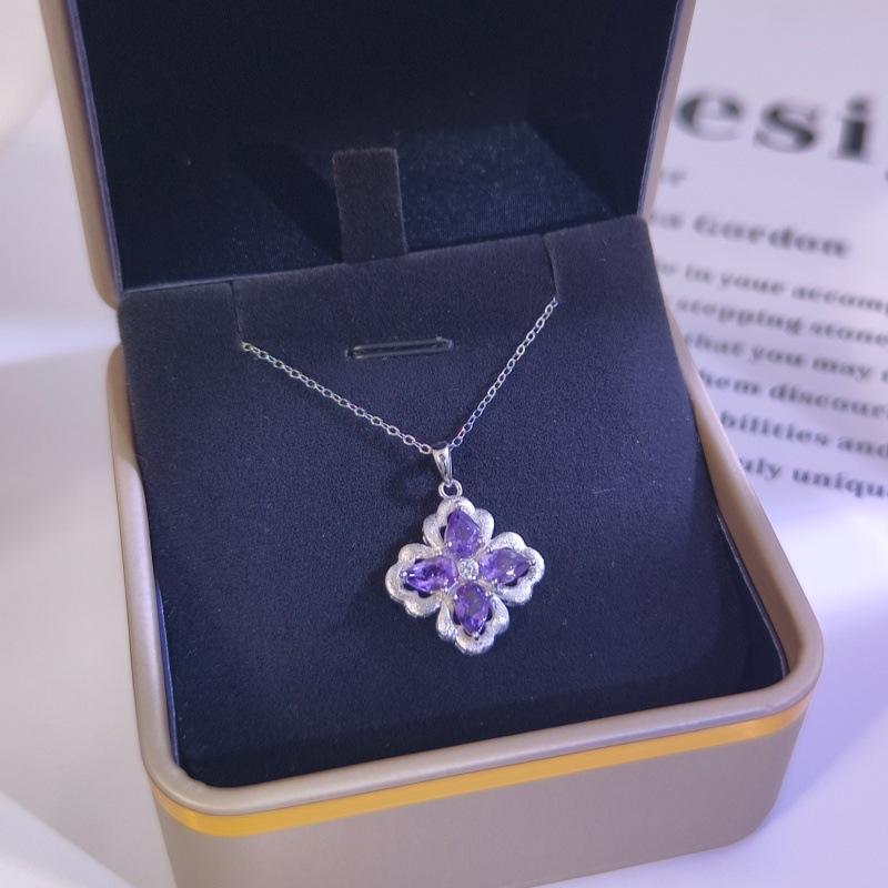 S925 pure silver clover jewelry with brushed craftsmanship, gemstone necklace, ring, earring, fashionable and luxurious women's gift, high-end jewelry