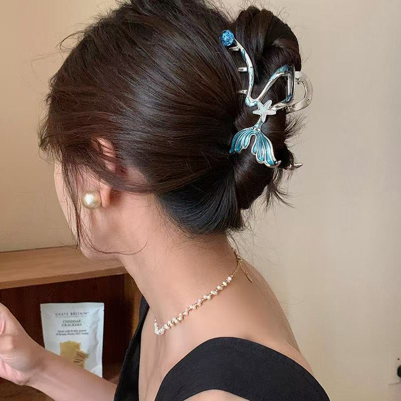 1pc Blue Fishtail Metal Clip Big and Elegant Starfish Hair Clip Back Shark Clamp Hair Decorations