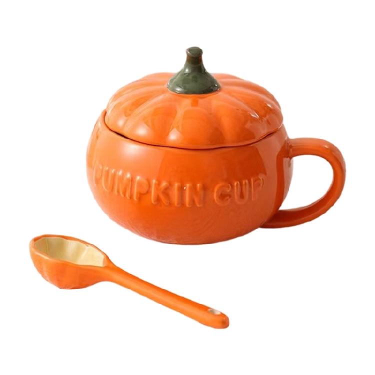 Ceramic Pumpkin Shape Mug With Lid Coffee Cup Halloween Dinnerware Perfect For Autumn Drink Decoration