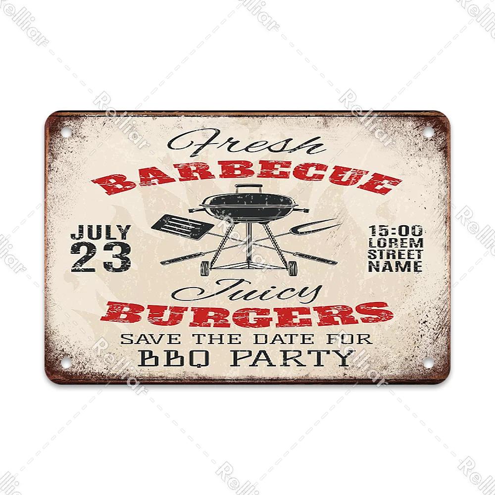 BBQ Party Metal Tin Plaque Retro Yard Garden Wall Decoration Signs Marked Barbecue Rules Slogan Plate Vintage Grill Poster