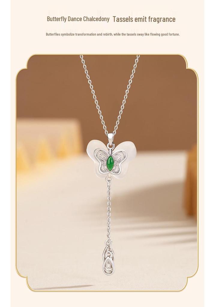Tichiya S925 Silver Butterfly Tassel Necklace with White Agate