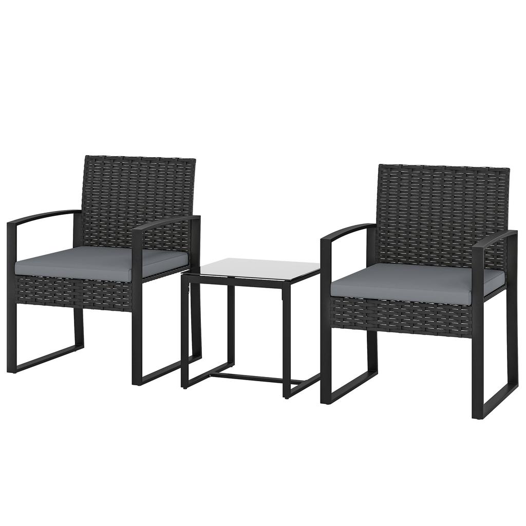 Rattan Bistro Set 3 Piece Garden Furniture Set With Glass Top Table And Cushions Light Grey