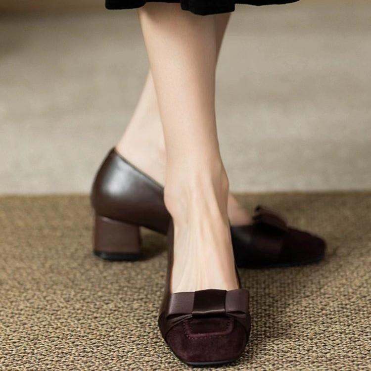 Retro bow single shoes women's low heels 2025 spring and autumn new soft leather thick heels shallow mouth small single shoes one pedal