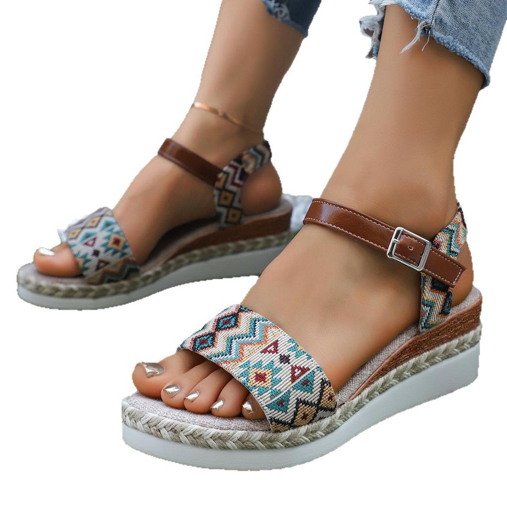 Fashion Geometry Striped Wedge Sandals for Women Summer Lightweight Beach Shoes Woman Plus Size Fashion Buckle Strap Platform Sandalias