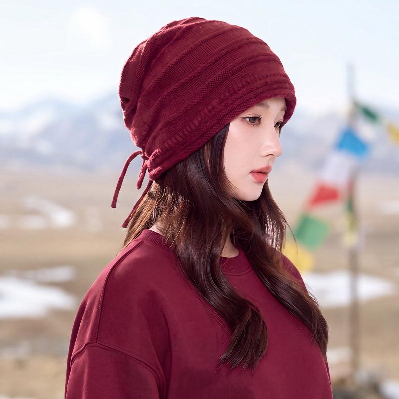 Autumn and Winter Drawstring Knitted Stacking Hat Adjustable Ear Protection Versatile Headgear Outdoor Travel Warm Hat Women's