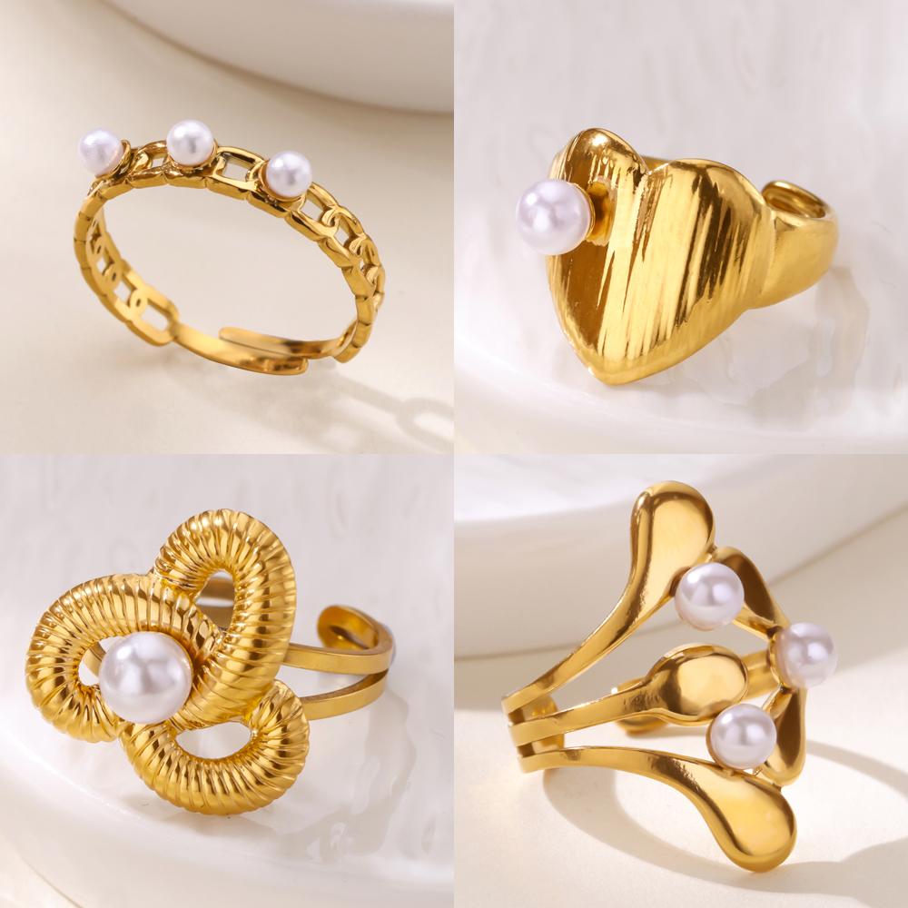 Dainty Heart Stainless Steel Rings Women Anti Fading Artificial Pearl Ring Aesthetic Golden Jewelry Vacation Accessories Gift