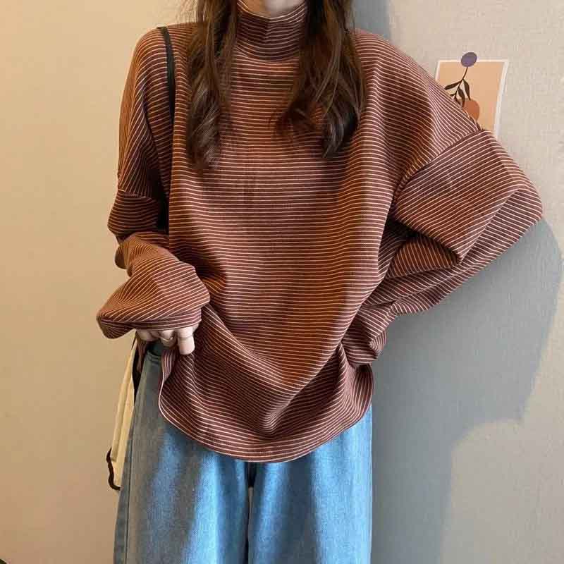 

VAYLA Женская полосатая футболка с воротником-стойкой, бархатная футболка с длинным рукавом, преппи пуловер для основы, корейские свободные топы на все случаи жизни XXXL коричневый