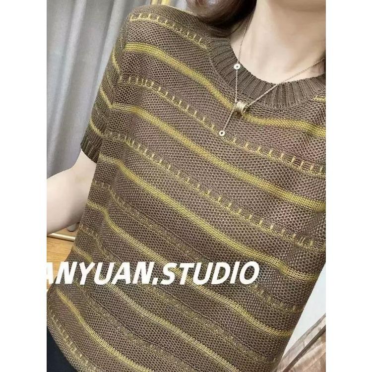 Striped Short Sleeved T-shirt Knitted Sweater Summer Contrasting Retro Loose Versatile Top for Women