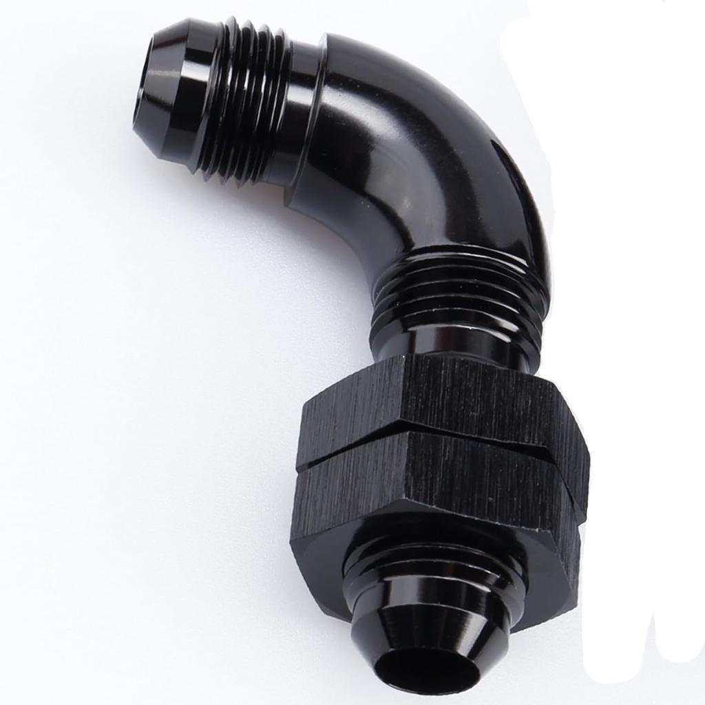 90 Degree -6 AN One Piece Full Flow Male Flare Bulkhead Fuel Fitting with AN6 Bulkhead Nut Aluminum Black