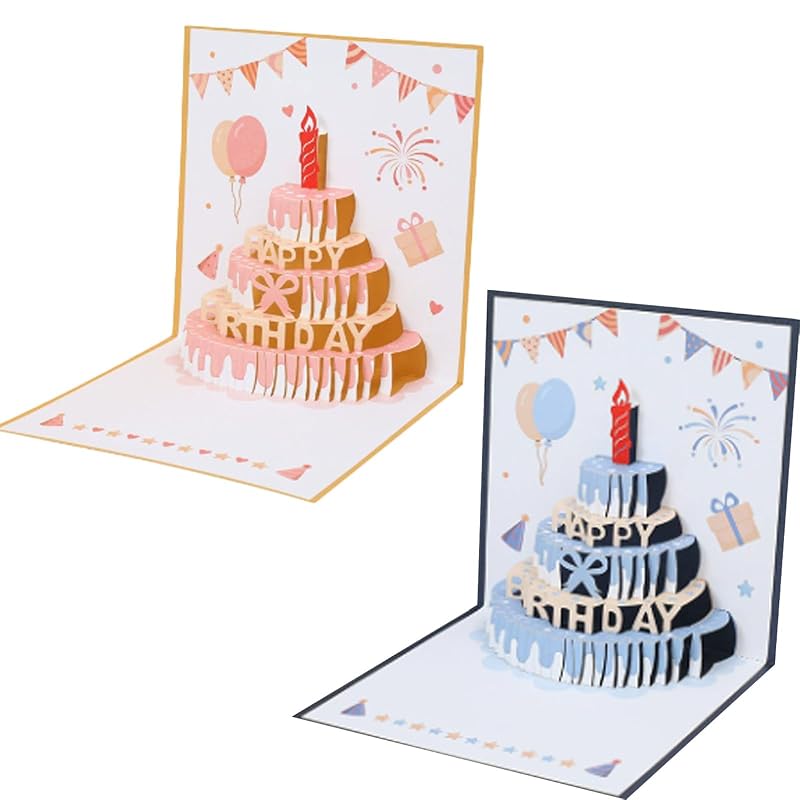 3D Birthday Cake Card, Colored Birthday Cake, Premium Paper Engraving, Foldable, Envelope Packaging, Suitable Gift for Family, Friends, Classmates,