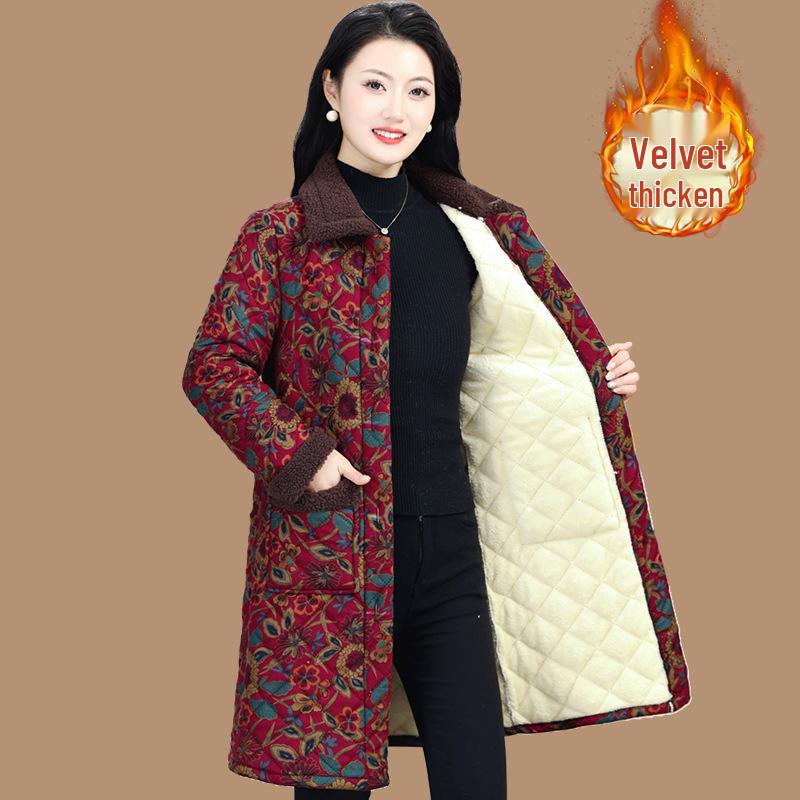 

Женское хлопковое пальто средней длины с цветочным принтом и флисовой подкладкой - Зимний утепленный стиль для женщин среднего и пожилого возраста 5XL (150-160 Jin)