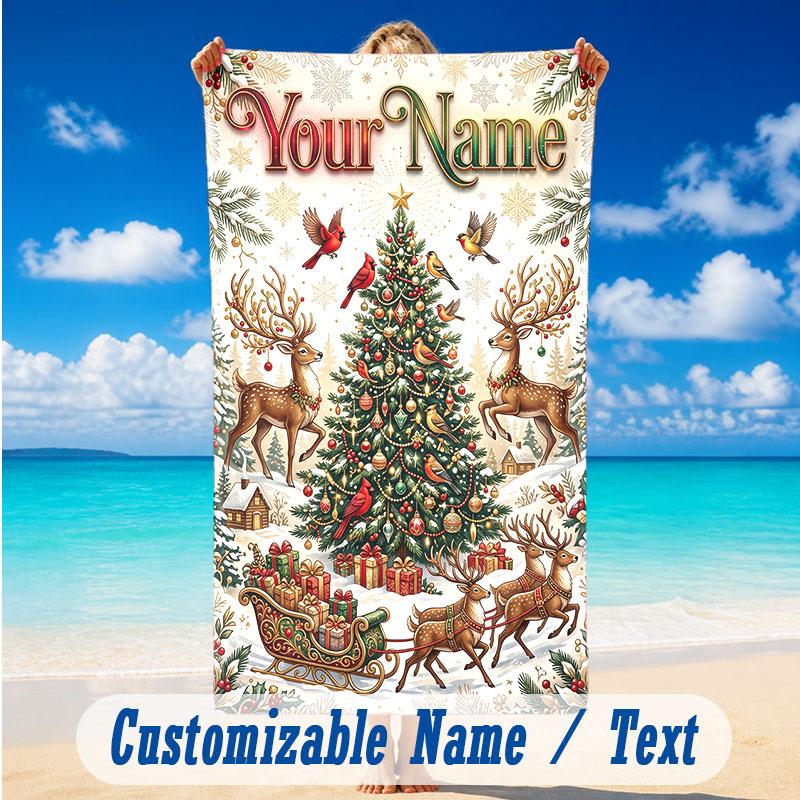 Christmas Theme Beach Towel Personalized Custom Name & Text Soft Quick Dry Beach Towel for Swimming Travel