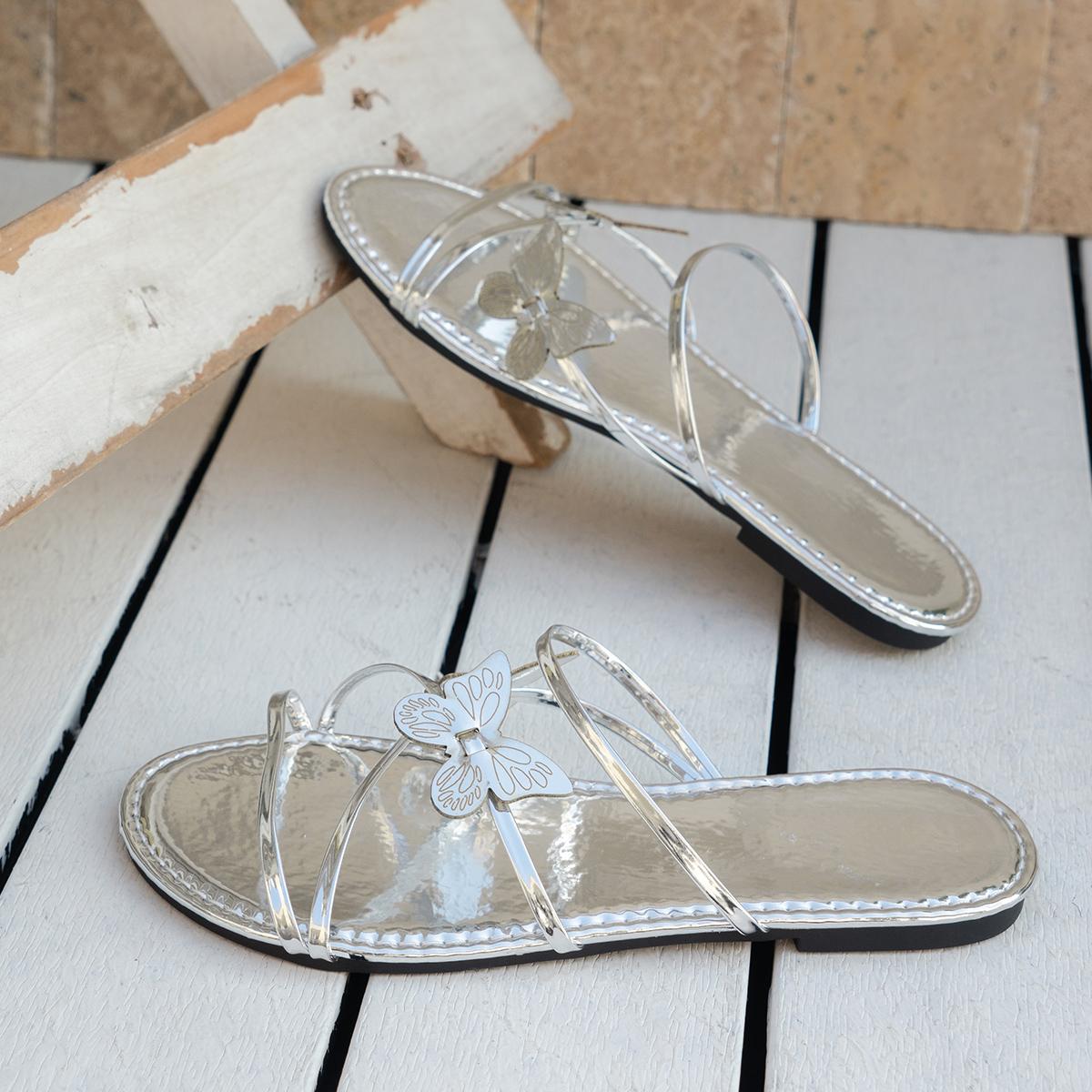 

Fashion Butterfly Design Woman Slippers Summer Chic Rose Gold Metal Band Slides Ladies Casual Outdoor Flat Beach Sandal Shoes Plus Size 43 серебряный