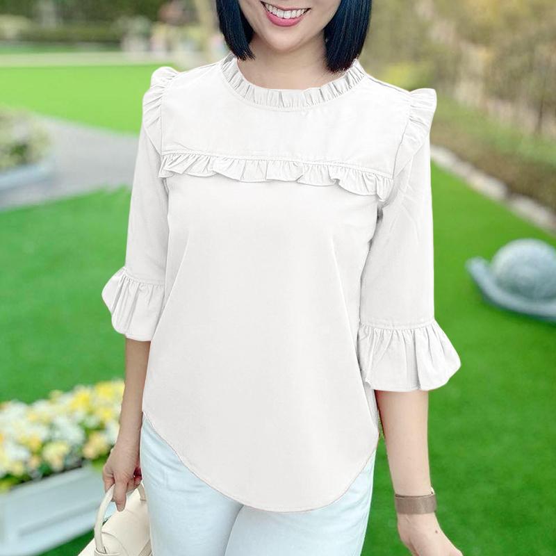 ZANZEA Women Casual Fungus Ruffled Edge Crew Neck 3/4 Sleeve Blouse