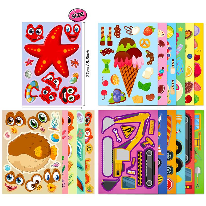 6Sheets Face Changing Sticker Ice Cream/Marine Animals/Vehicle Style Available Cute Cartoon School Rewards Favors Stationery ZYF