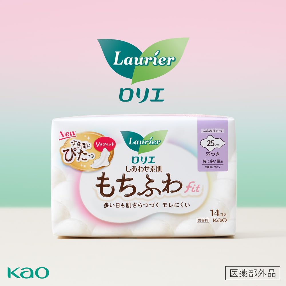 Laurier Happy Skin Mochifuwa For Heavy Flow Daytime with 14 Count X 3 Packs Bonus Fit, Use, 25cm, Wings, (42 Counts) +